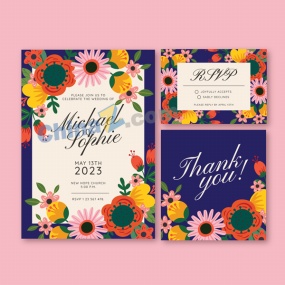 多彩花朵装饰婚礼卡片模板